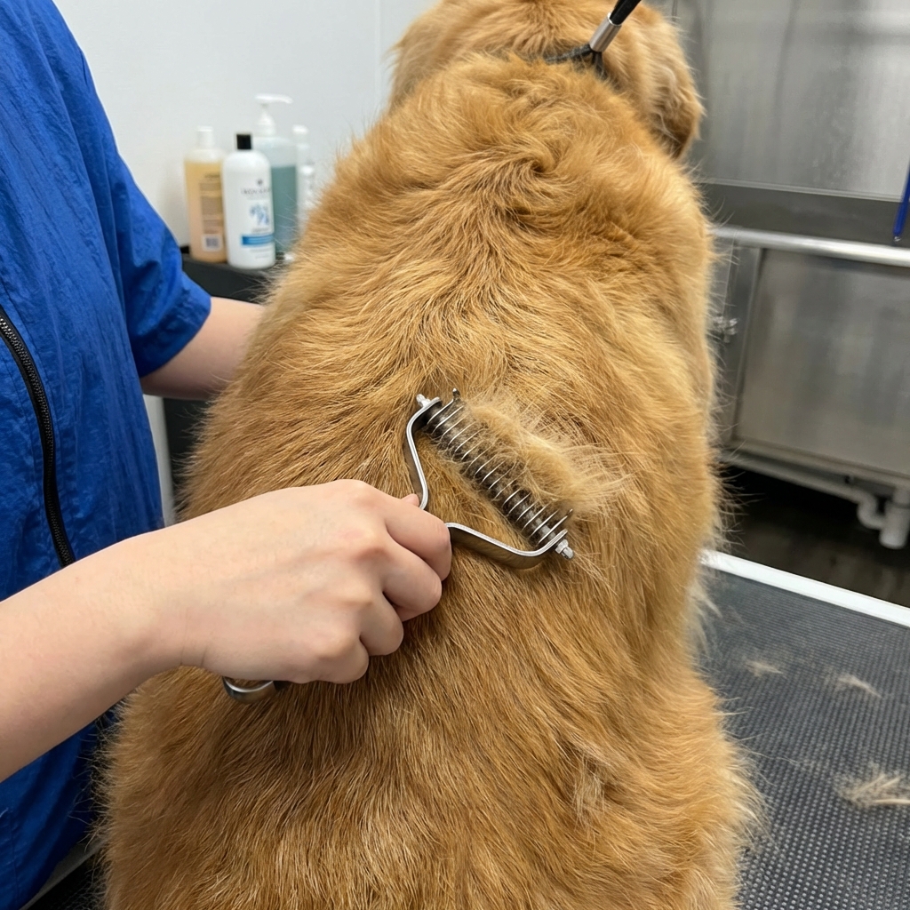 A close-up photo of a dog groomer using an undercoat rake on a double-coated dog