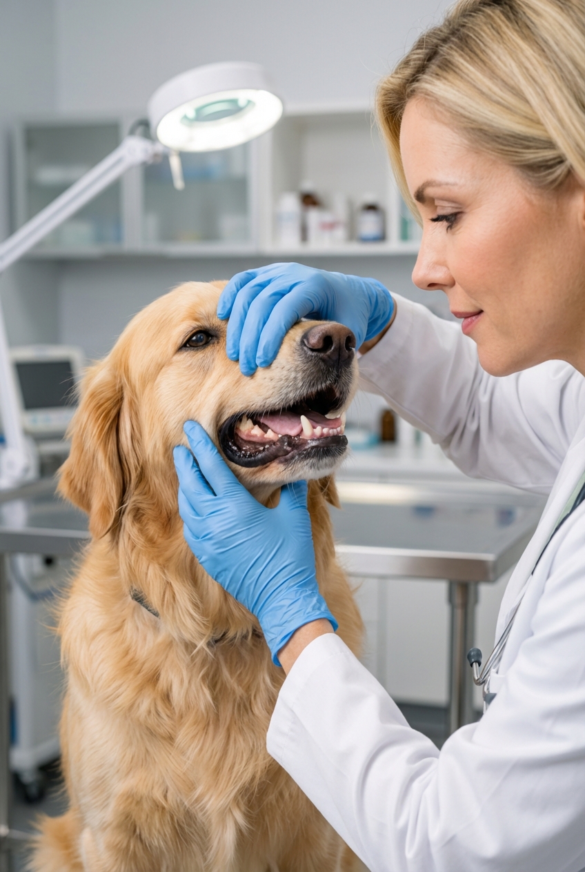 A close-up photo of a dog having its mouth gently examined by a veterinary professional