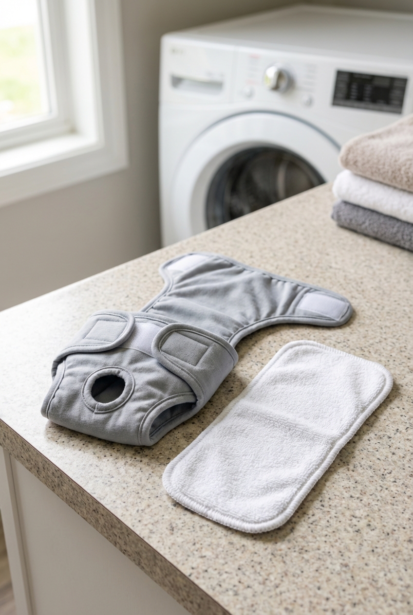 A close-up photo of a dog heat diaper and washable liner on a laundry room counter