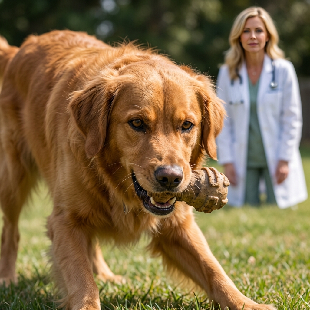A close-up photo of a dog holding a chew toy with a tense posture while a person stands several feet away