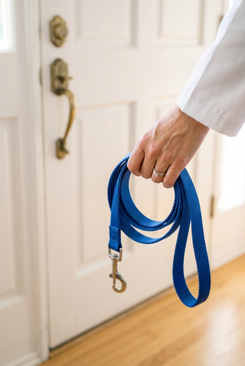 A close-up photo of a dog leash held in a person’s hand near a front door