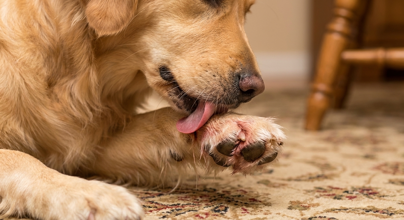 A close-up photo of a dog licking its front paw indoors, showing mild redness between the toes, shallow depth of field, photorealistic