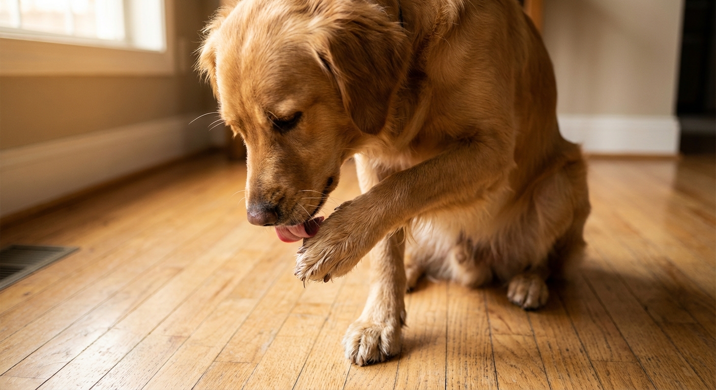 A close-up photo of a dog licking its front paw on a hardwood floor
