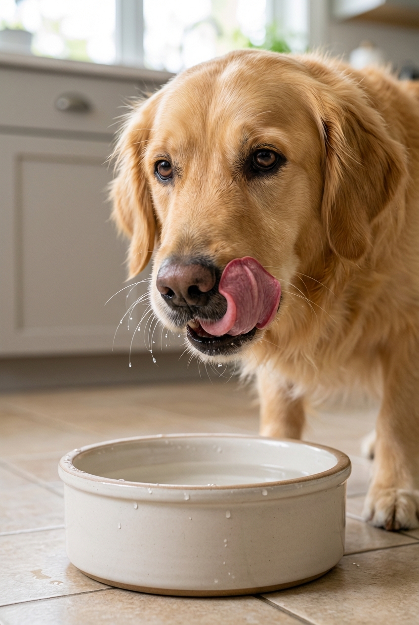 A close-up photo of a dog licking its lips while standing near a water bowl