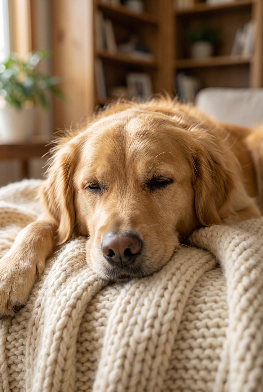A close-up photo of a dog looking tired while resting on a blanket at home