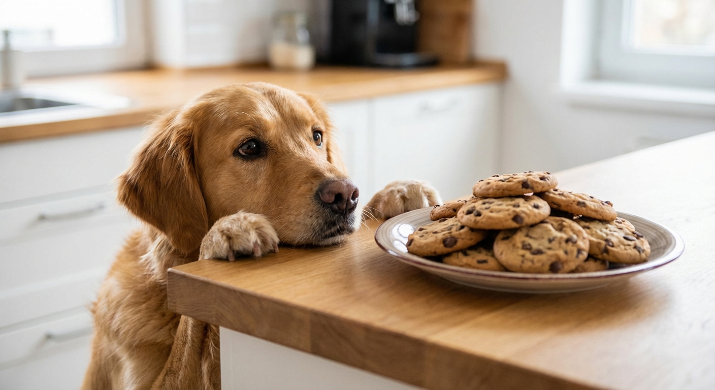 A close-up photo of a dog looking up at a kitchen counter with a plate of chocolate cookies out of reach
