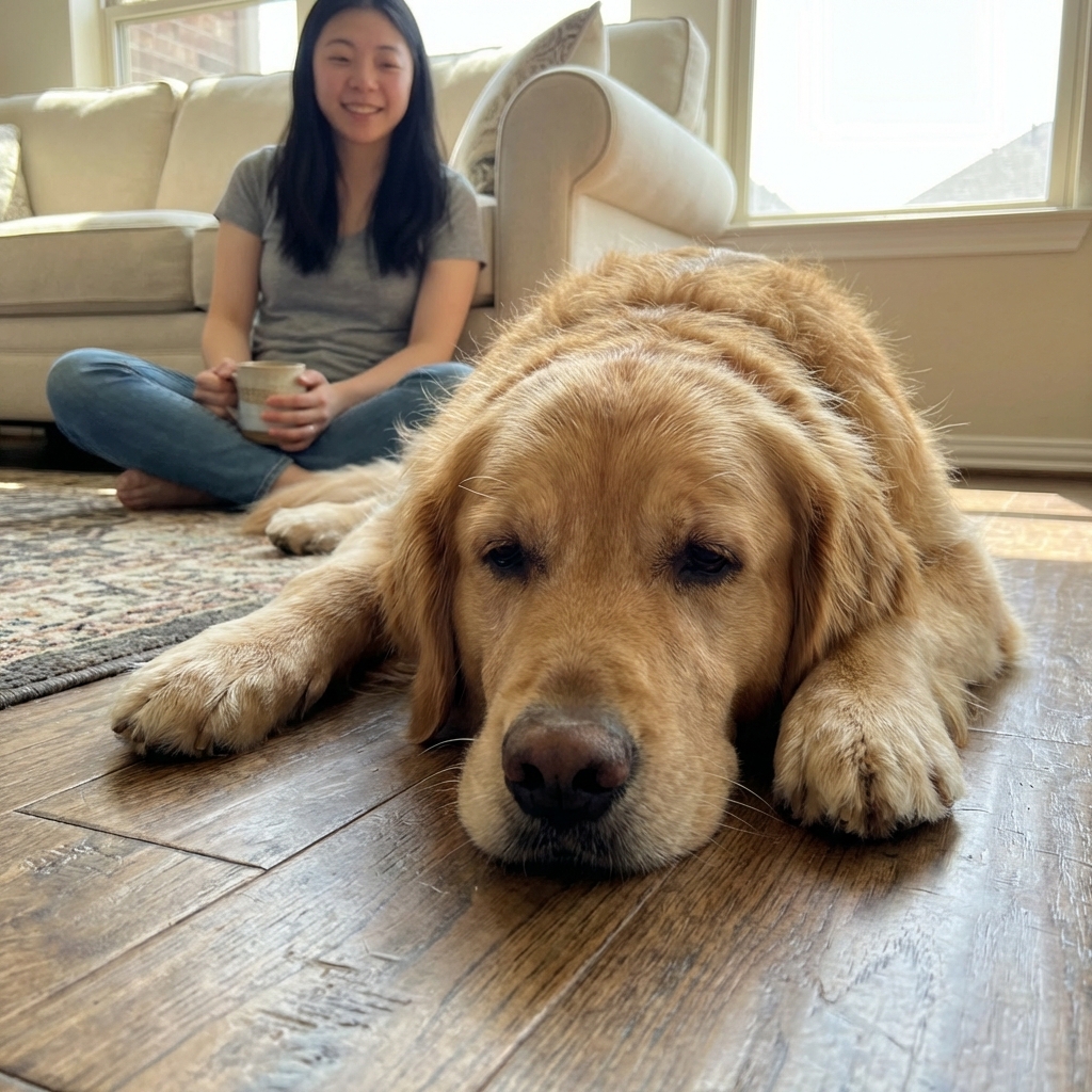 A close-up photo of a dog lying on a living room floor looking tired while an owner sits nearby