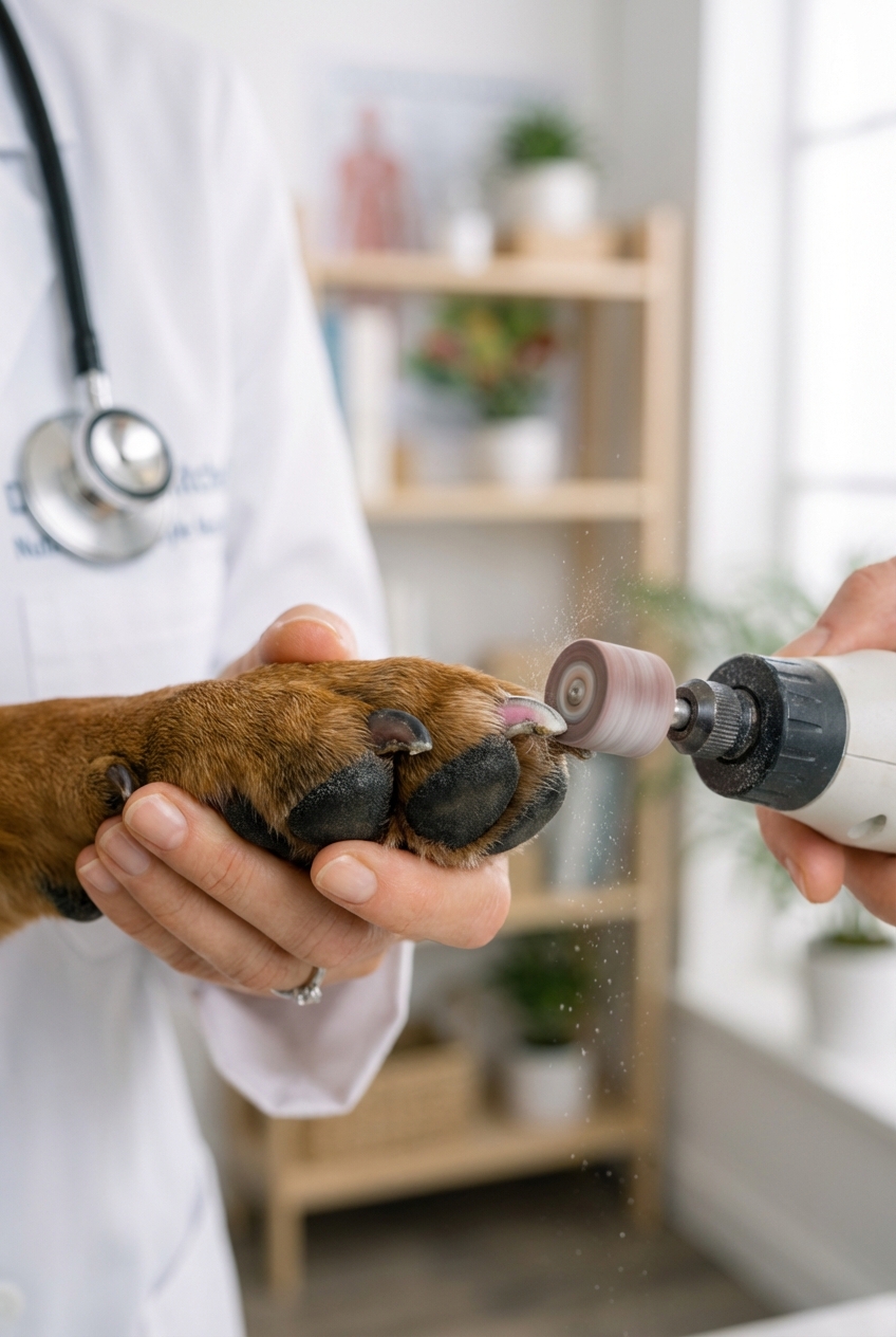 A close-up photo of a dog nail being gently smoothed with a nail grinder