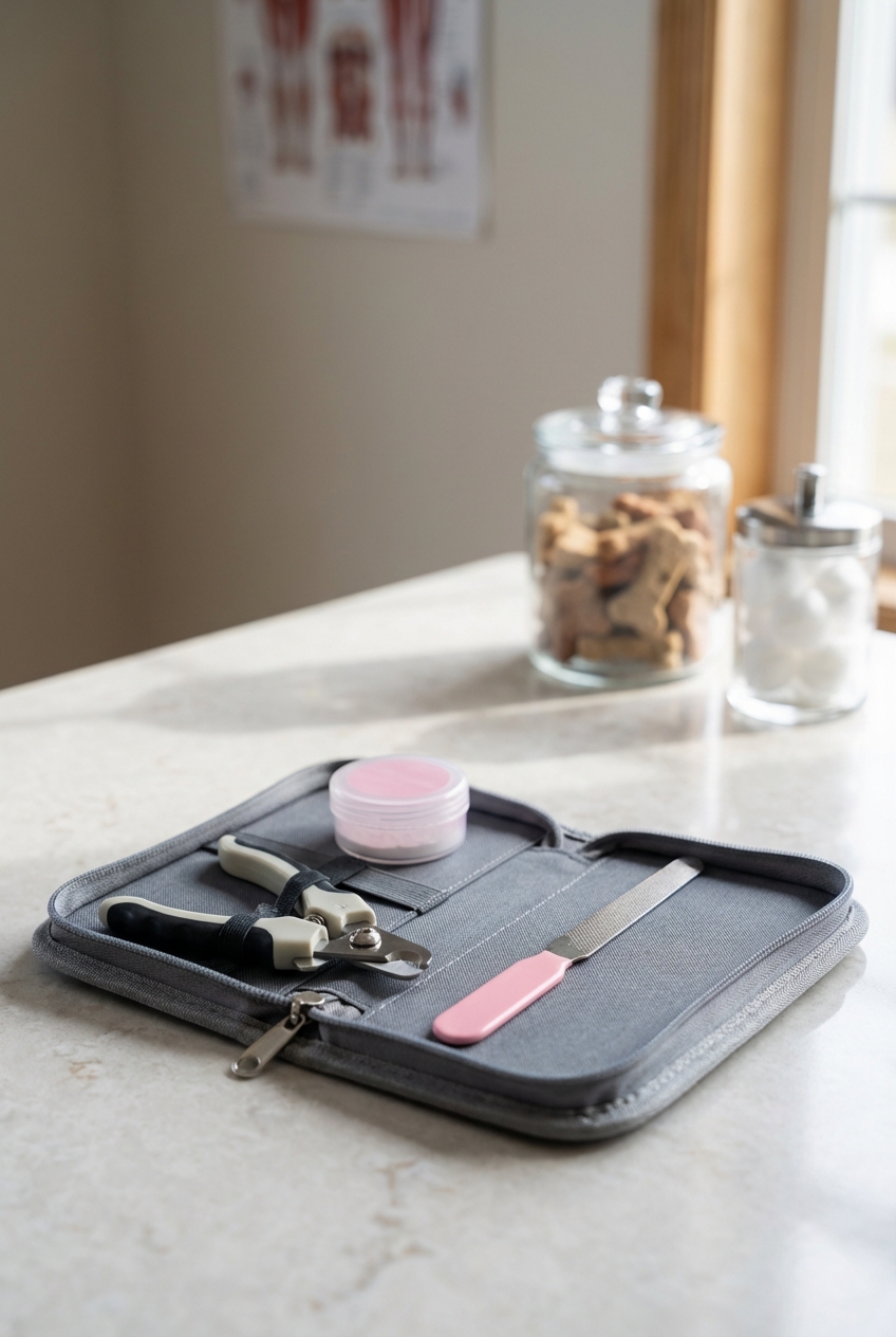 A close-up photo of a dog nail trimming kit with clippers, styptic powder container, and a nail file on a countertop