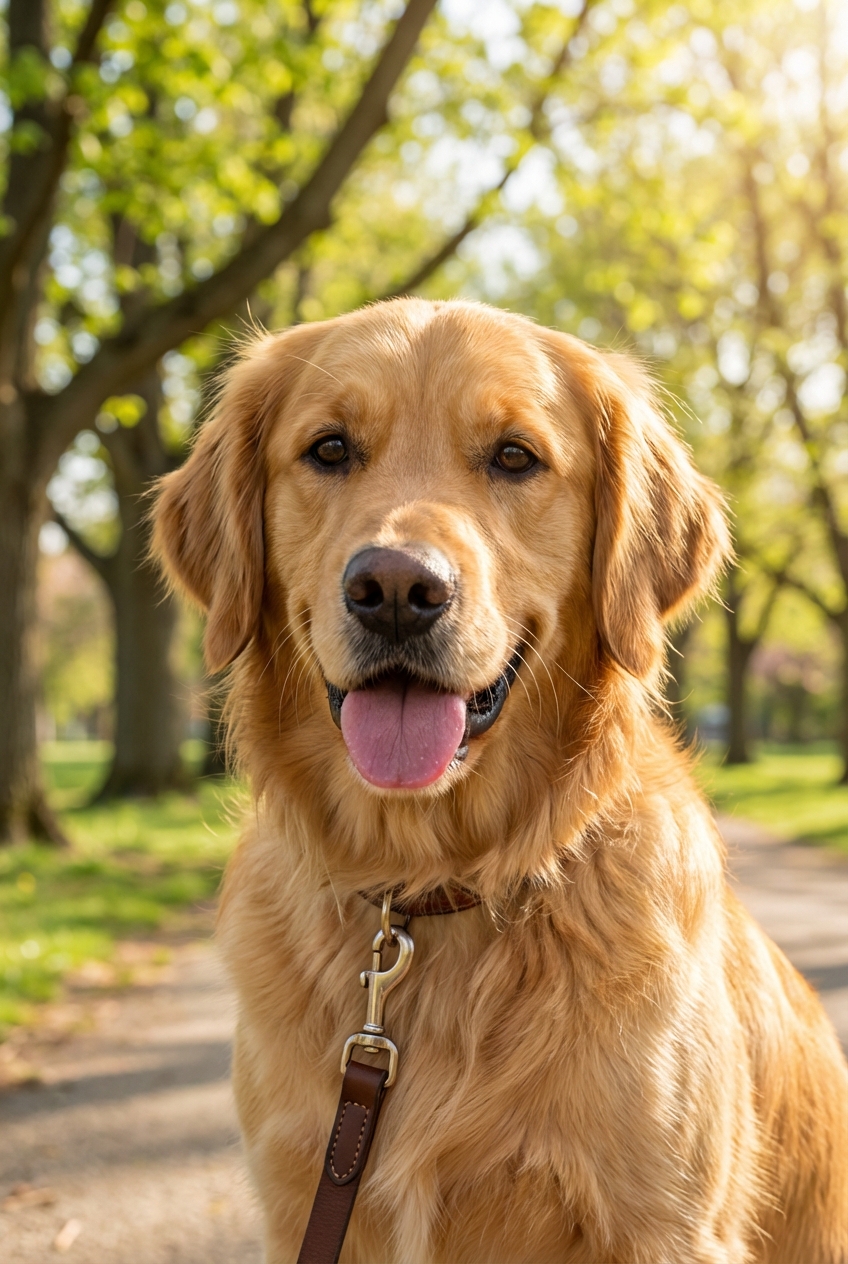 A close-up photo of a dog on a leash outdoors during springtime with trees in the background