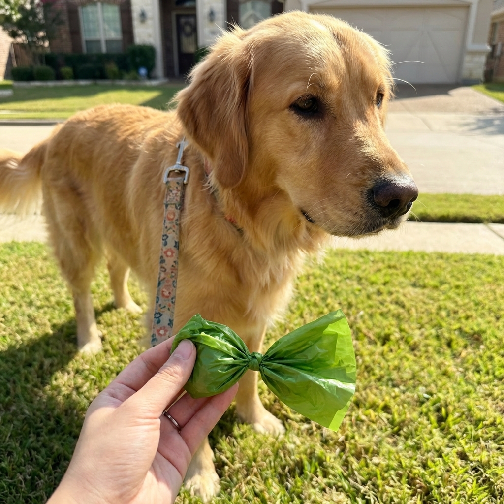 A close-up photo of a dog on a leash walking on grass with a pet waste bag visible in the owner’s hand