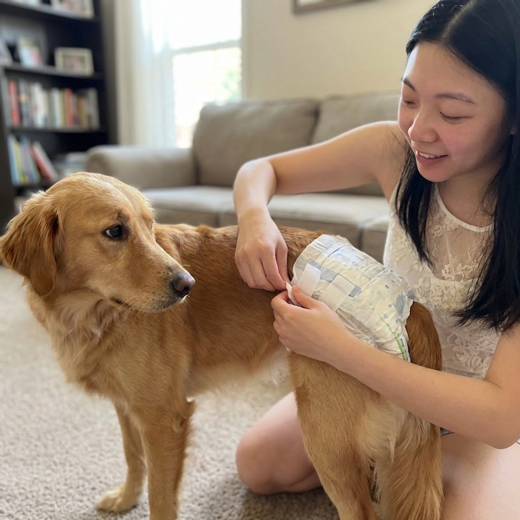A close-up photo of a dog owner gently clipping a sanitary diaper onto a calm female dog indoors