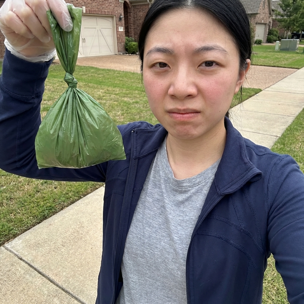 A close-up photo of a dog owner holding a tied poop bag while standing on a sidewalk