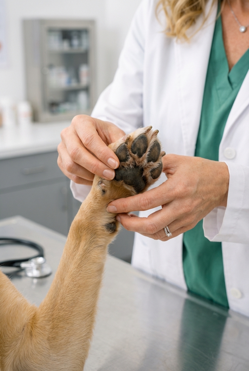 A close-up photo of a dog paw being gently held while the toes are inspected