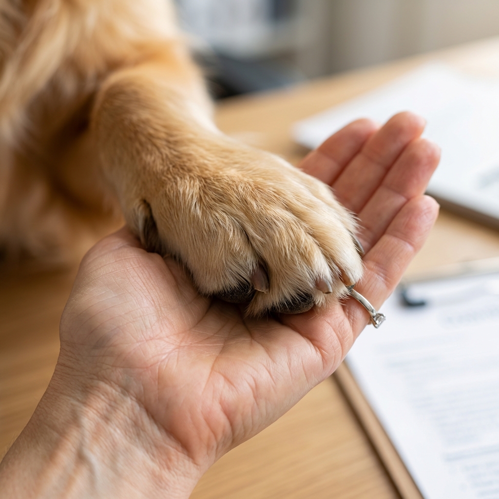 A close-up photo of a dog paw resting in a person’s hand