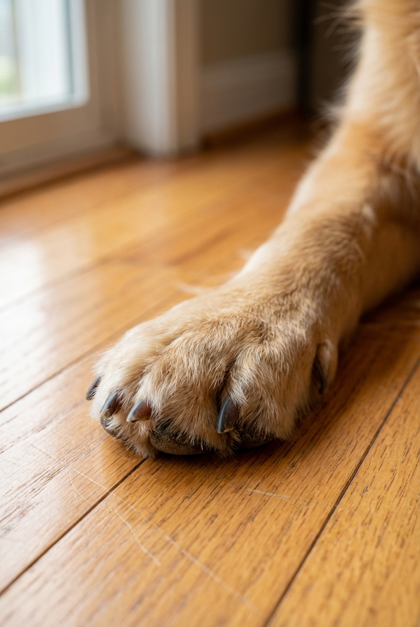 A close-up photo of a dog paw resting on a hardwood floor with nails visible