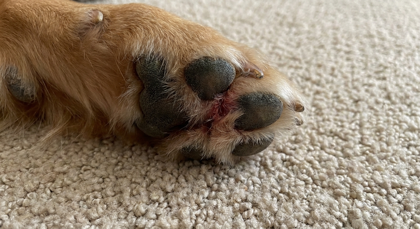 A close-up photo of a dog paw resting on carpet with mild redness between the toes