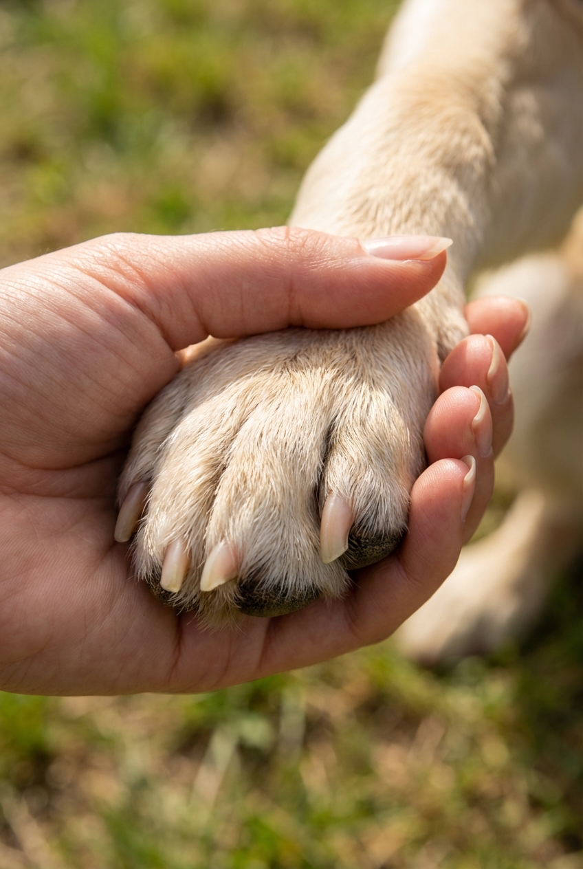 A close-up photo of a dog paw with light-colored nails being held gently in a person’s hand
