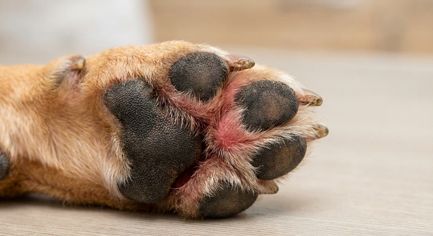 A close-up photo of a dog paw with mild redness between the toes