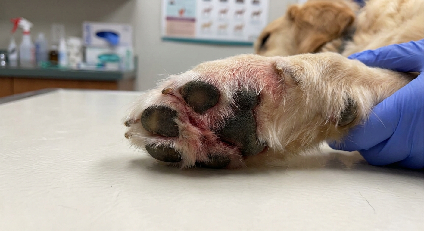A close-up photo of a dog paw with mild redness between the toes