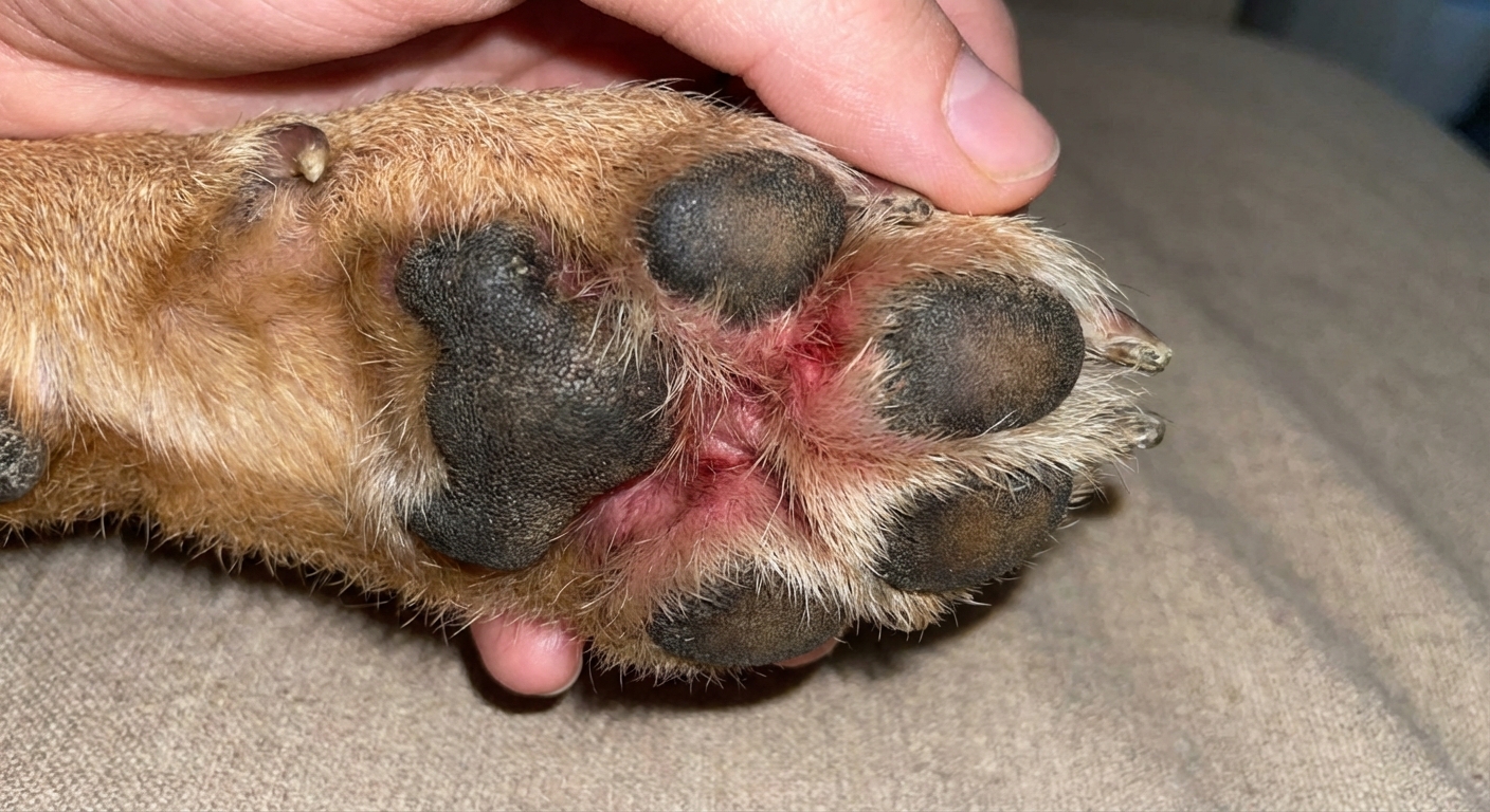 A close-up photo of a dog paw with reddened skin between the toes