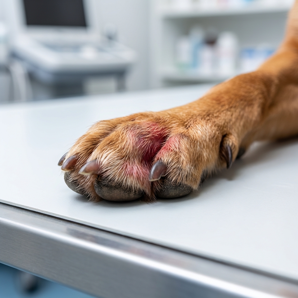 A close-up photo of a dog paw with redness between the toes