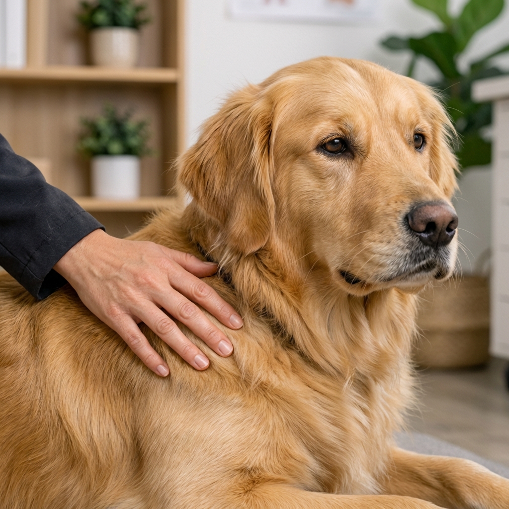 A close-up photo of a dog resting with a hand gently touching the dog's shoulder