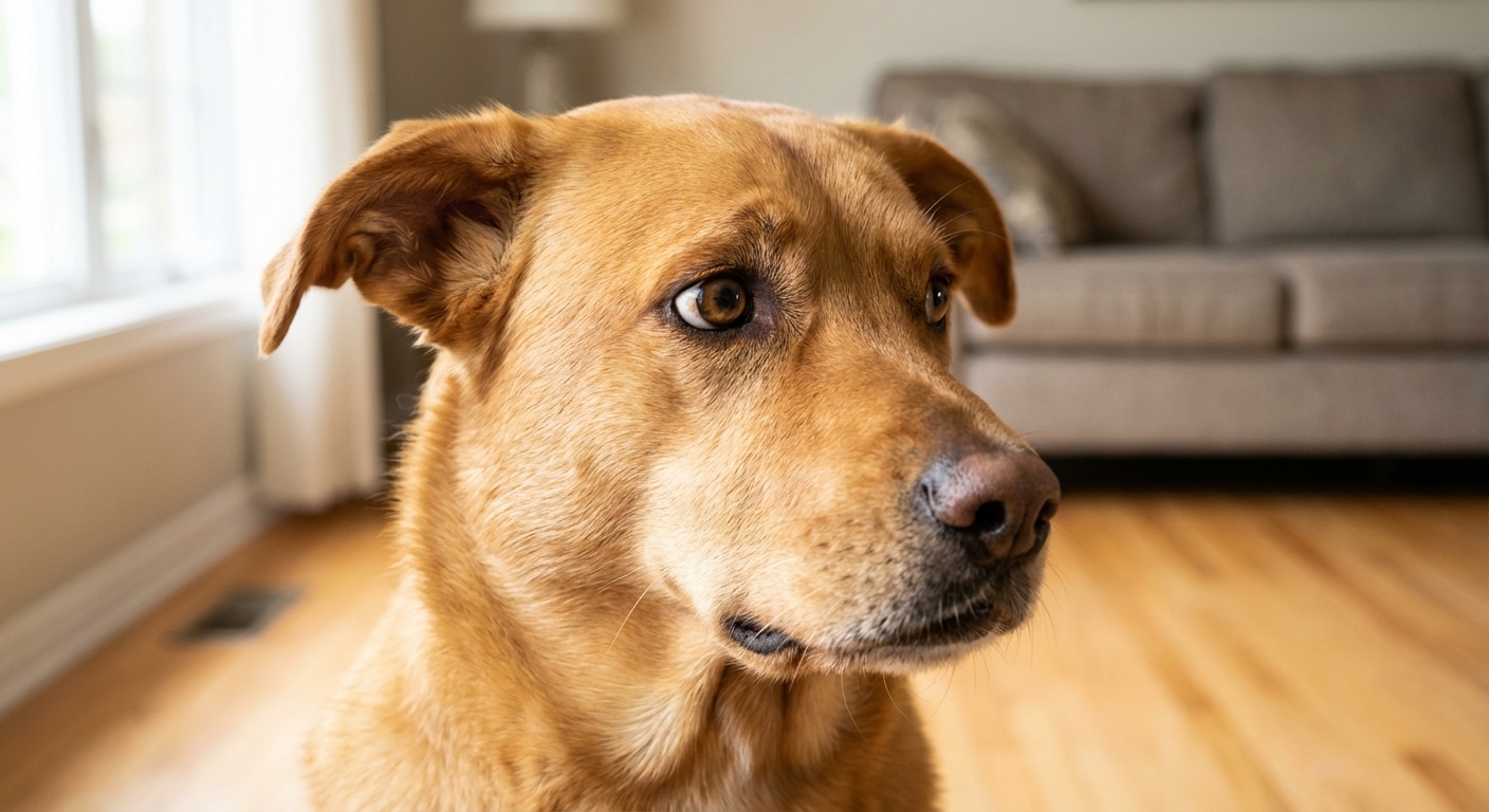 A close-up photo of a dog showing subtle stress signals with ears slightly back, mouth closed, and the whites of the eyes visible while looking sideways, indoor natural light, photorealistic