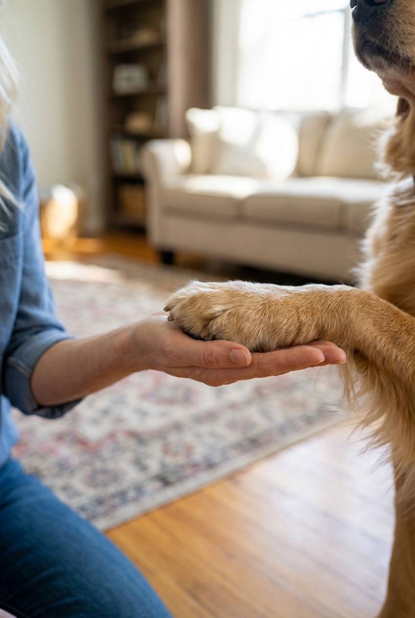 A close-up photo of a dog sitting calmly while placing one paw into an adult's open palm