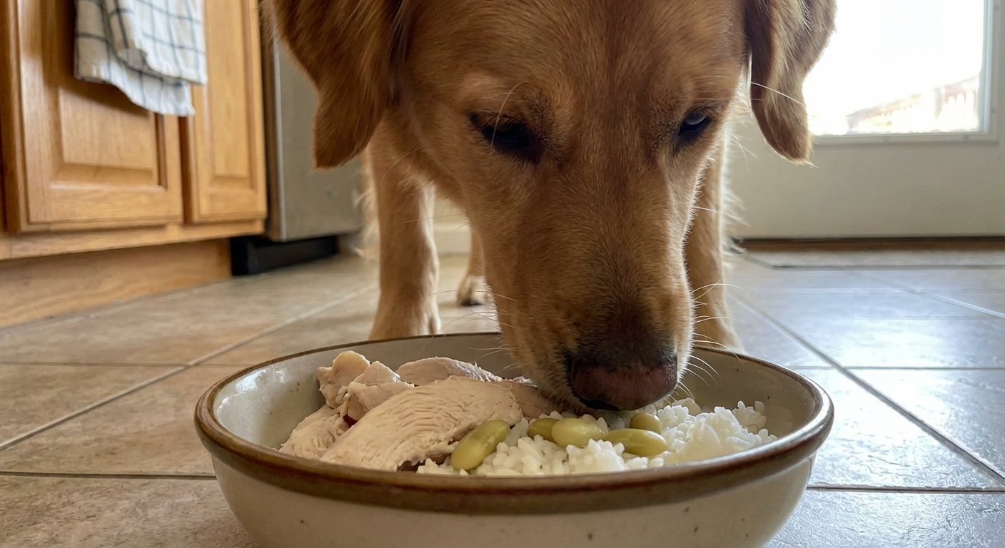 A close-up photo of a dog sniffing a bland meal in a kitchen