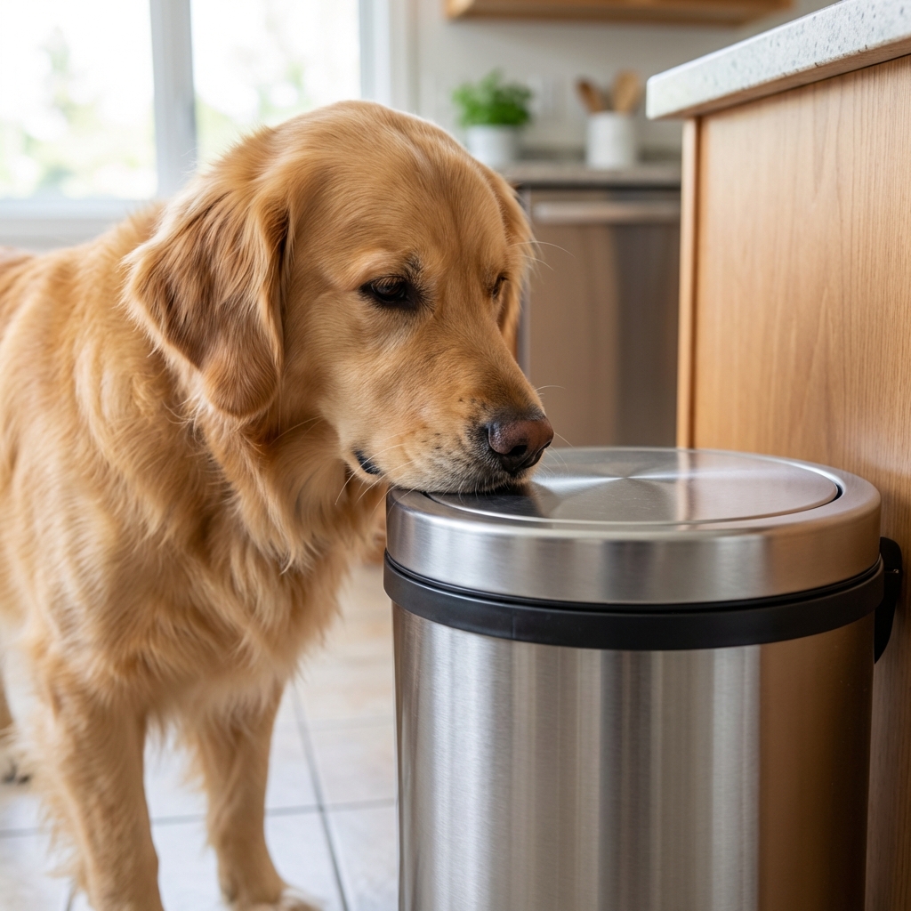A close-up photo of a dog sniffing a secured kitchen trash can with a lid