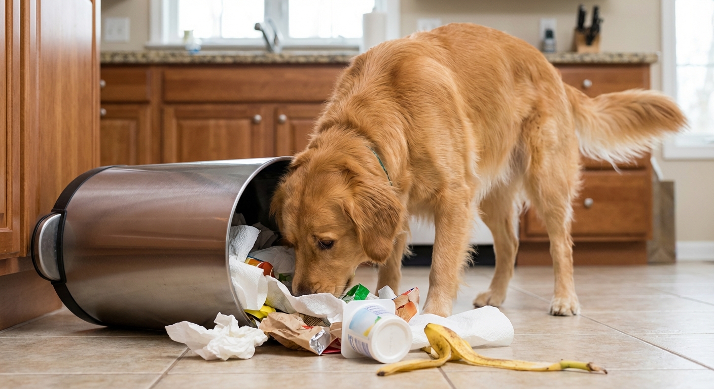 A close-up photo of a dog sniffing a tipped-over kitchen trash can in a home