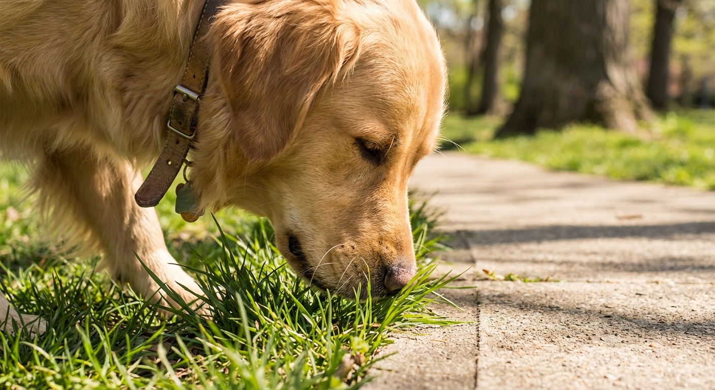 A close-up photo of a dog sniffing grass near a park walkway on a bright day