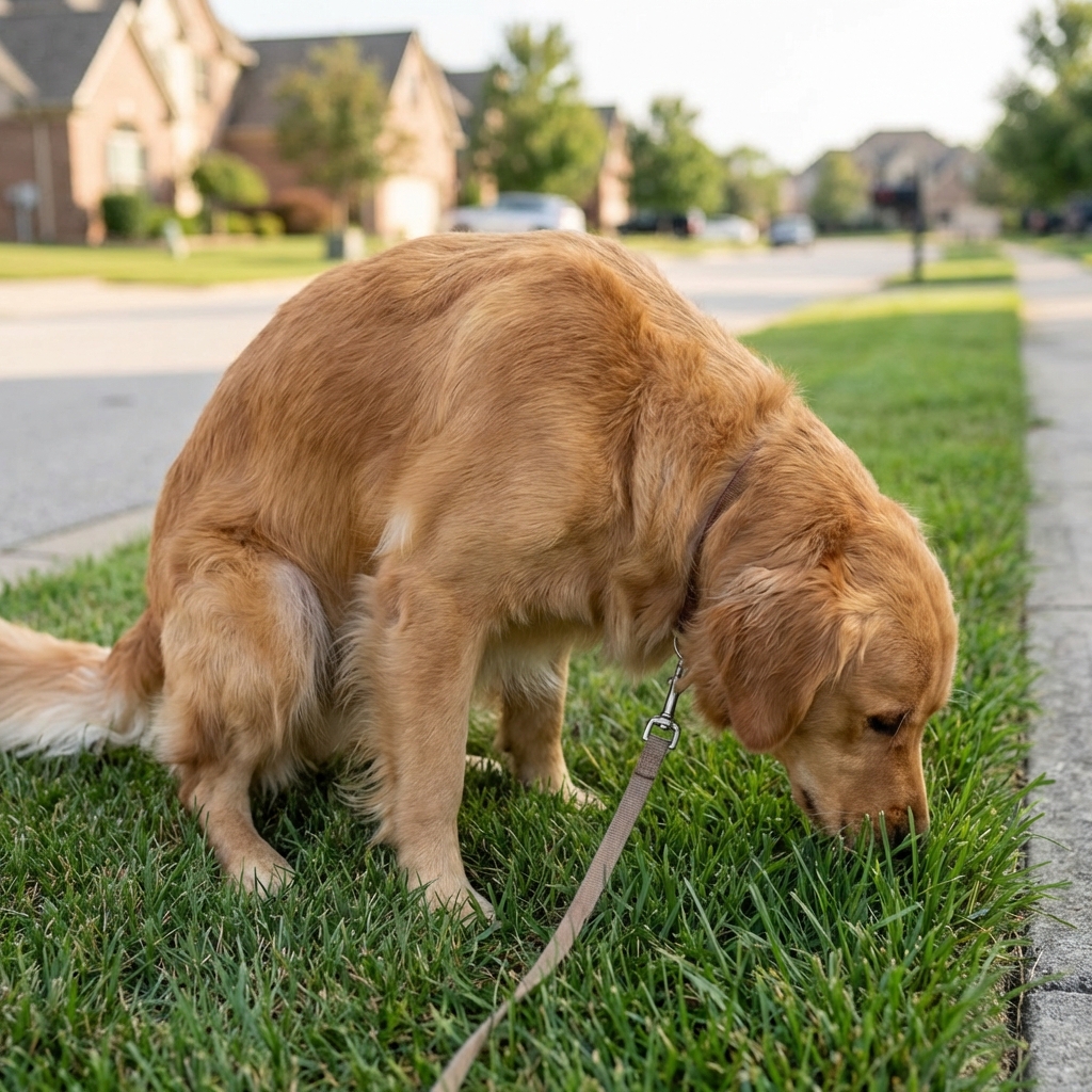 A close-up photo of a dog sniffing grass while squatting to urinate during a neighborhood walk