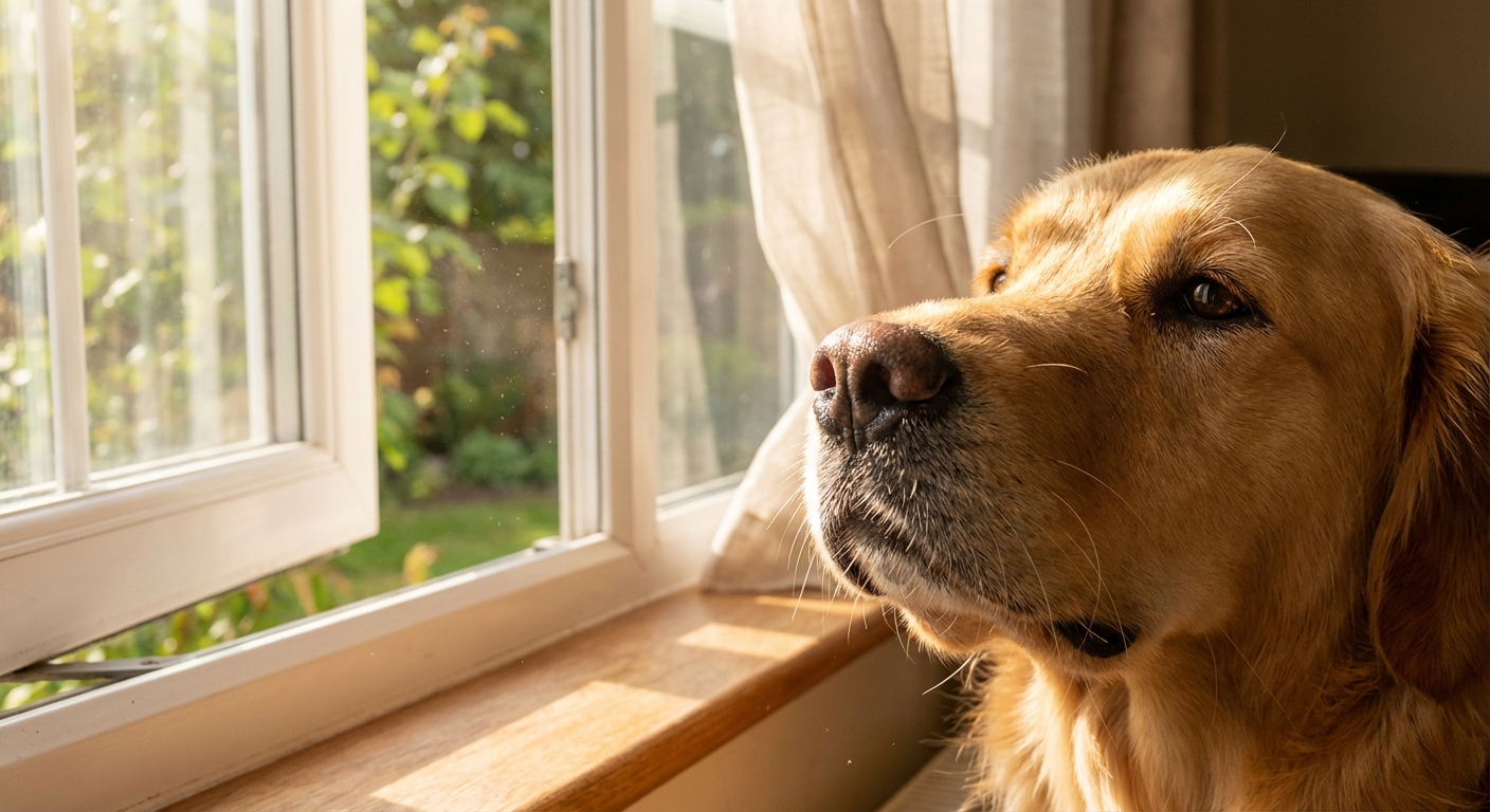 A close-up photo of a dog sniffing the air near an open window with sunlight coming in