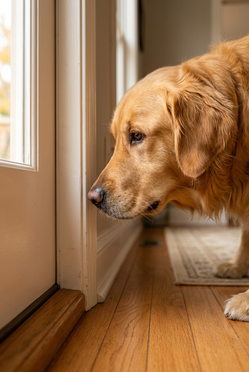 A close-up photo of a dog sniffing the base of a doorway inside a home