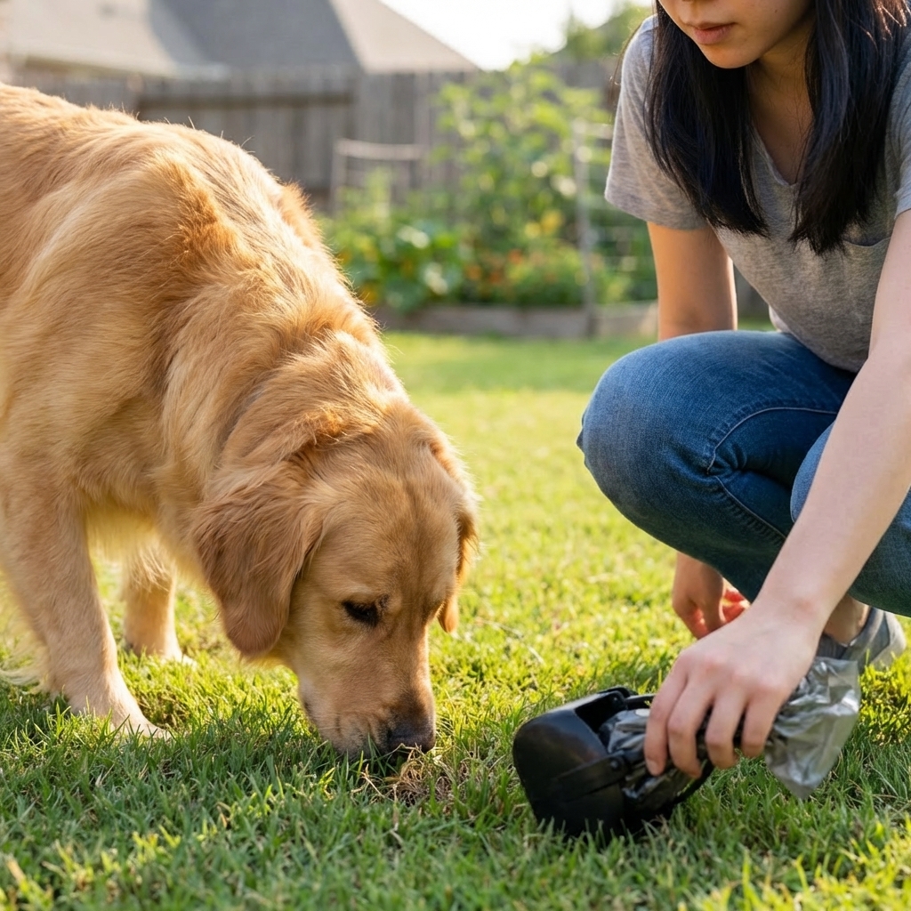 A close-up photo of a dog sniffing the ground in a backyard where hygiene and cleanup matter