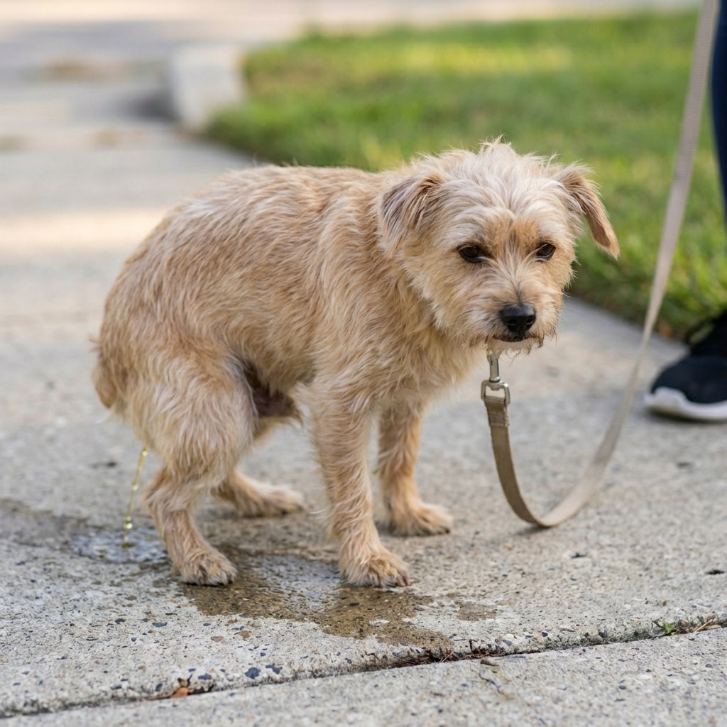 A close-up photo of a dog squatting to urinate on a sidewalk during a walk
