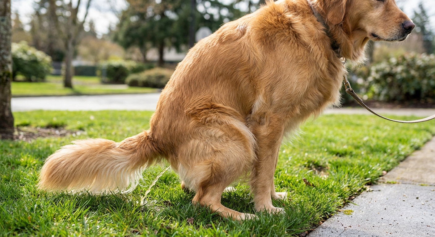 A close-up photo of a dog squatting to urinate on grass during a daytime walk
