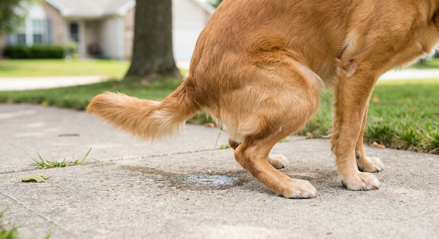 A close-up photo of a dog squatting to urinate on a sidewalk during a neighborhood walk
