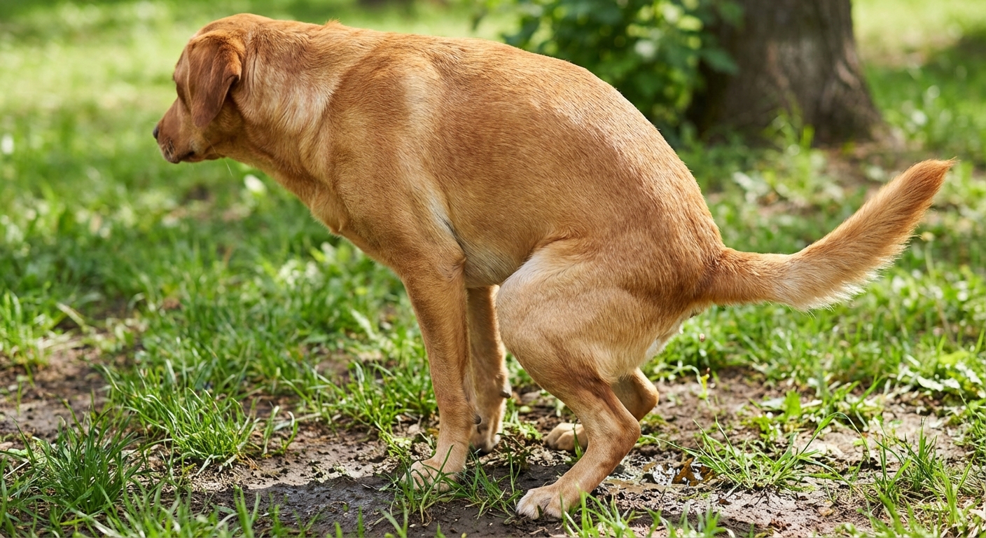 A close-up photo of a dog squatting to urinate outdoors