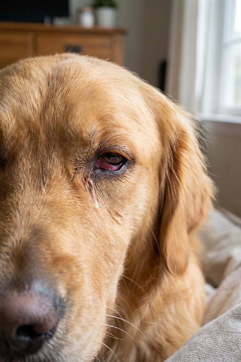 A close-up photo of a dog squinting with a visibly red, watery eye in natural indoor light, shallow depth of field, photorealistic