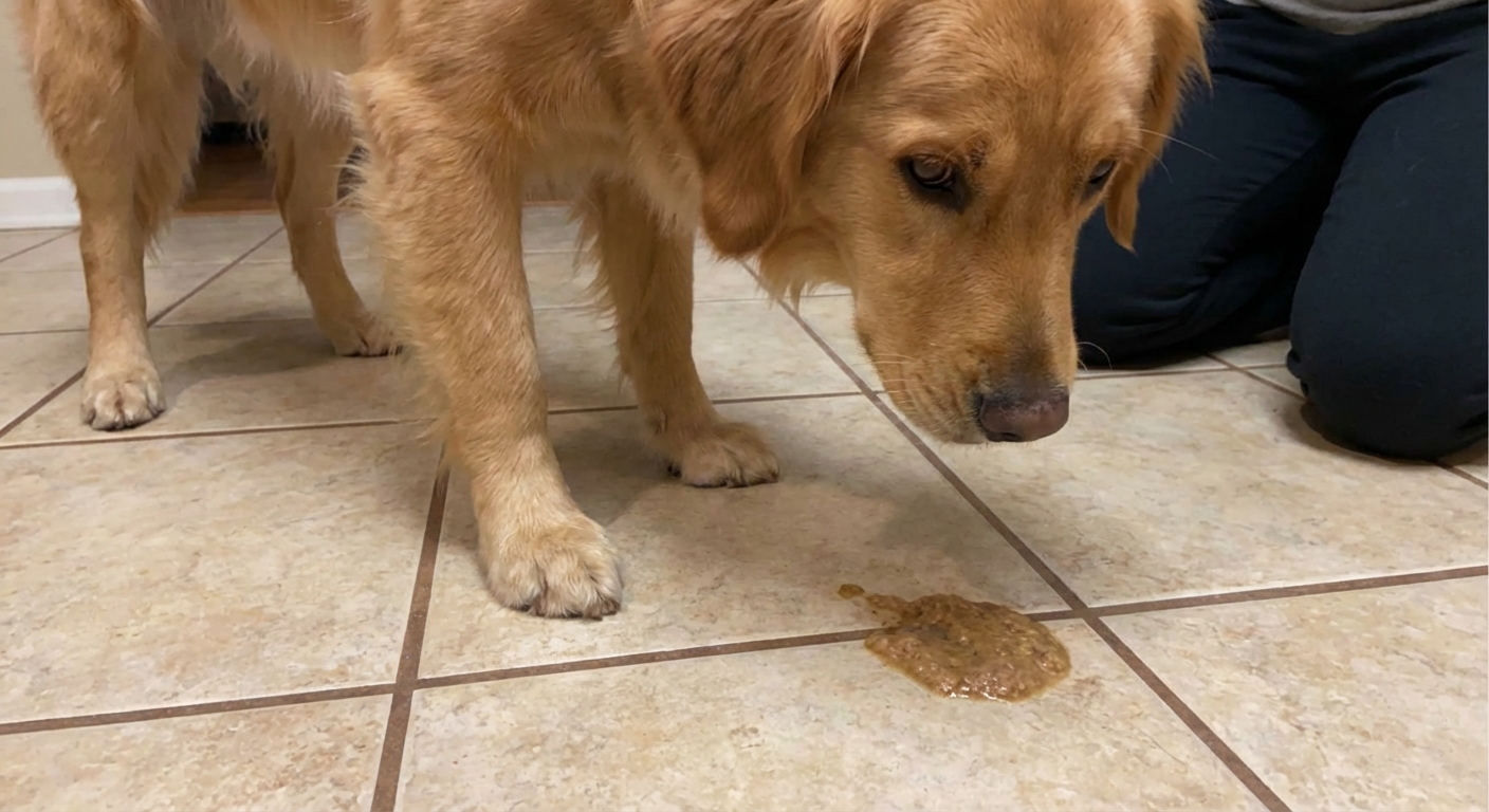 A close-up photo of a dog standing near a patch of vomit on a tile floor