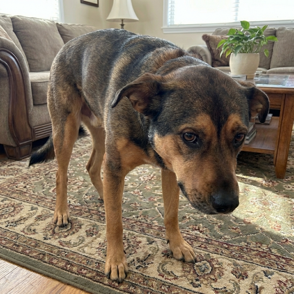 A close-up photo of a dog standing with a slightly hunched posture and ears back in a home setting