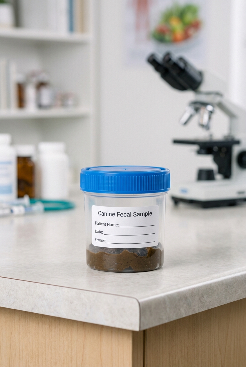 A close-up photo of a dog stool sample container on a veterinary clinic counter