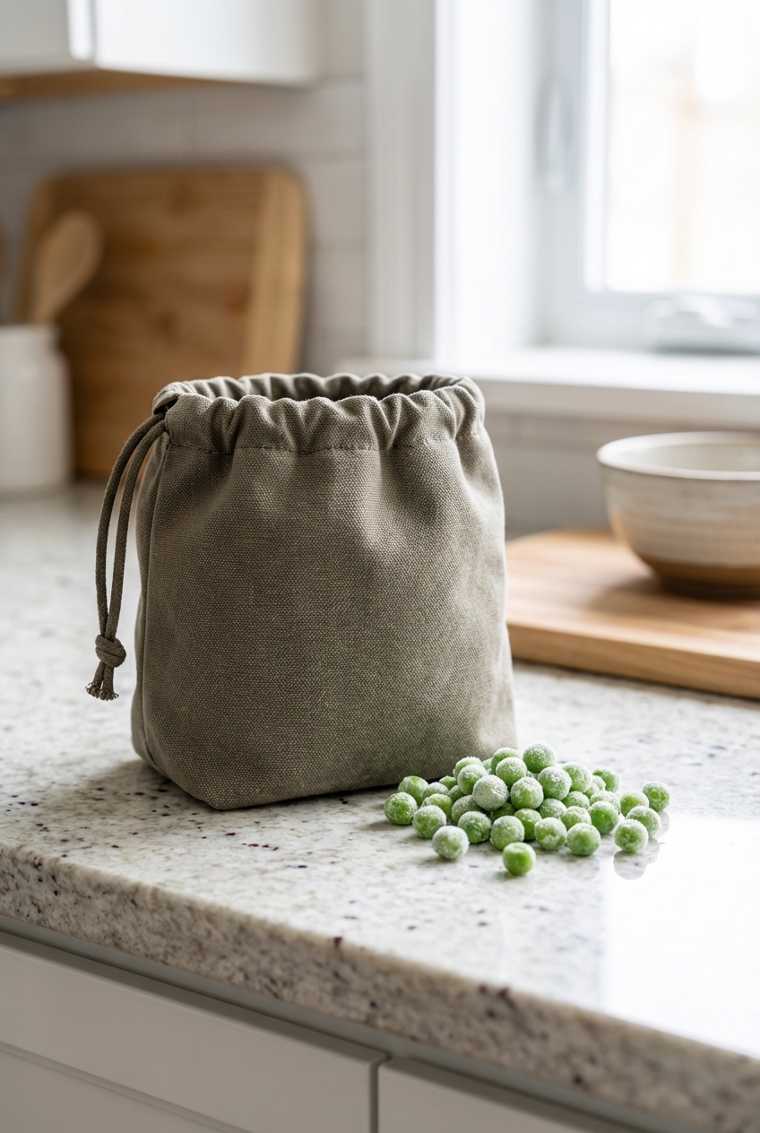 A close-up photo of a dog treat pouch with a few frozen peas on a counter next to it