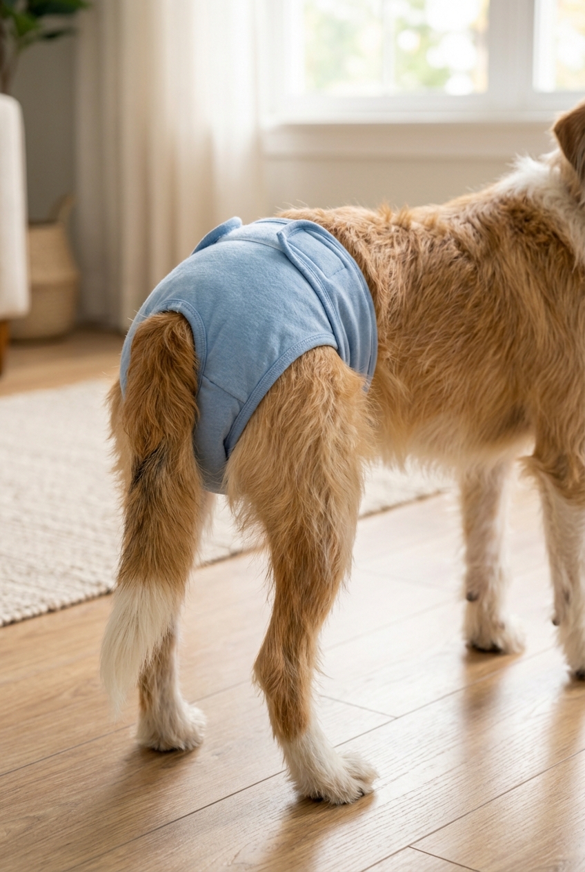 A close-up photo of a dog wearing a comfortable dog diaper while standing indoors on a hard floor