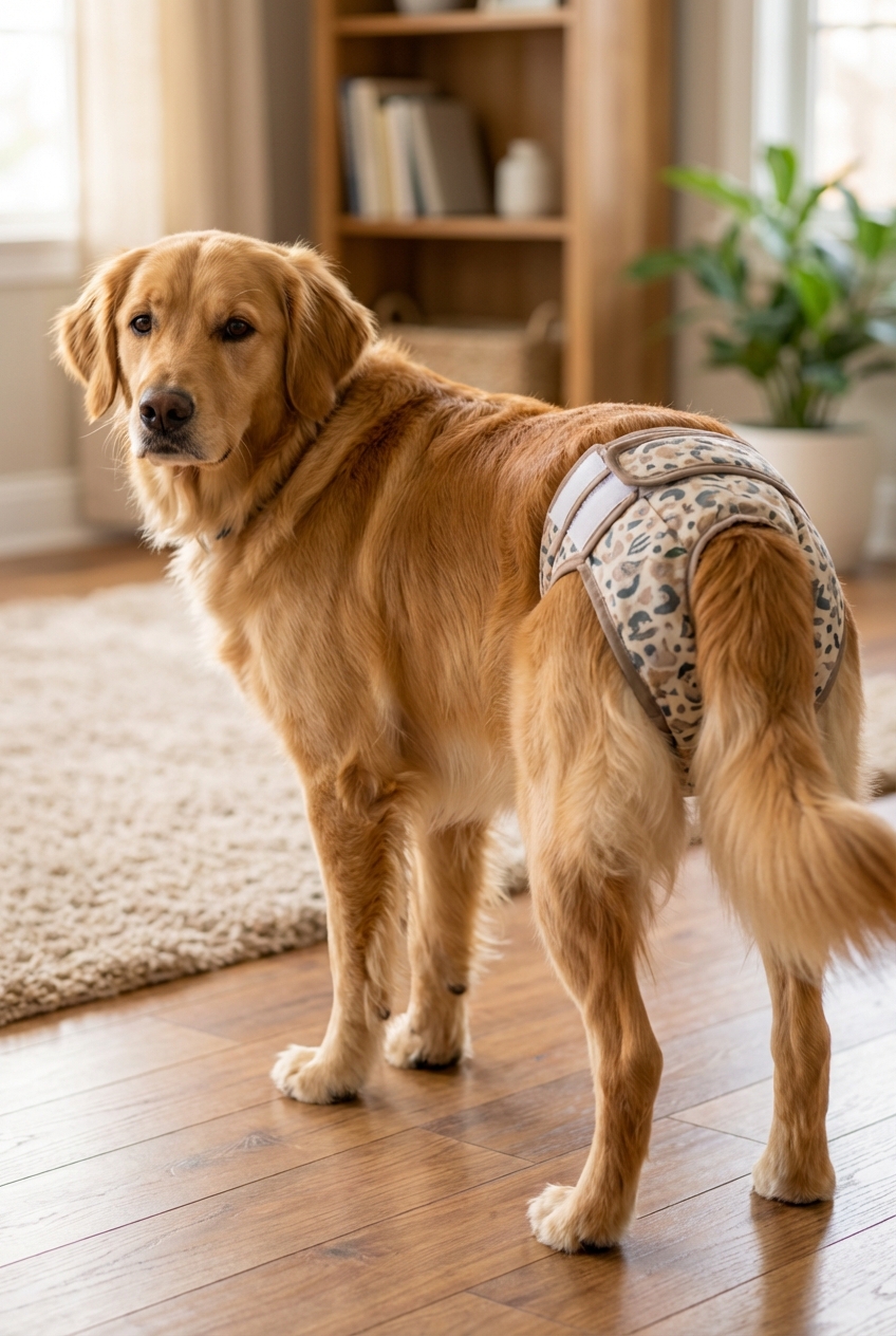 A close-up photo of a dog wearing a comfortable heat diaper while standing indoors