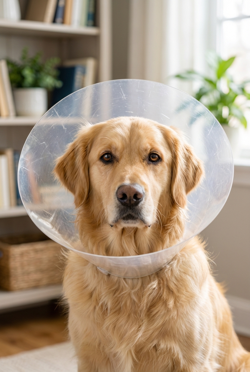 A close-up photo of a dog wearing a cone collar while standing calmly in a living room