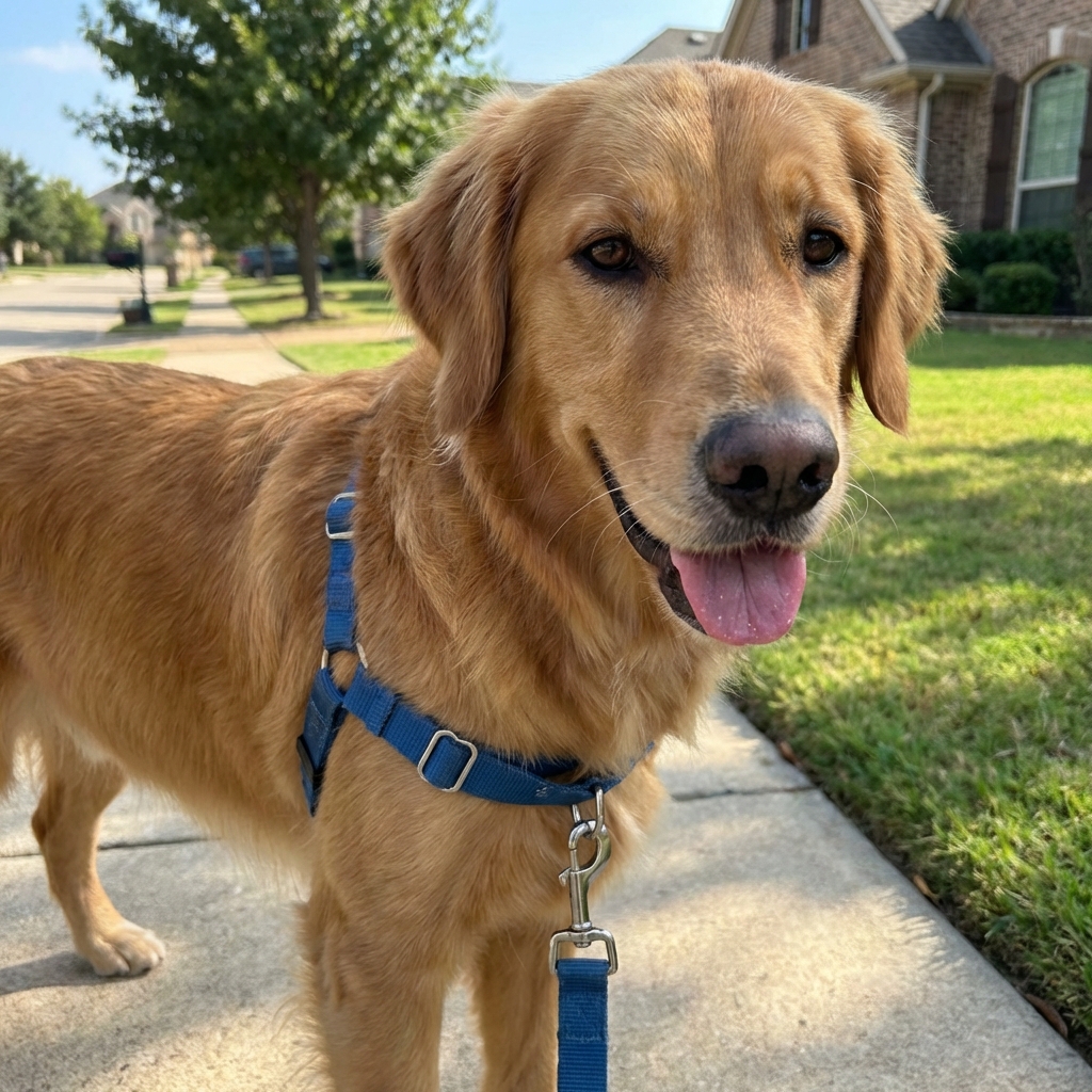 A close-up photo of a dog wearing a properly fitted front-clip harness while standing on a sidewalk